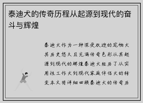 泰迪犬的传奇历程从起源到现代的奋斗与辉煌